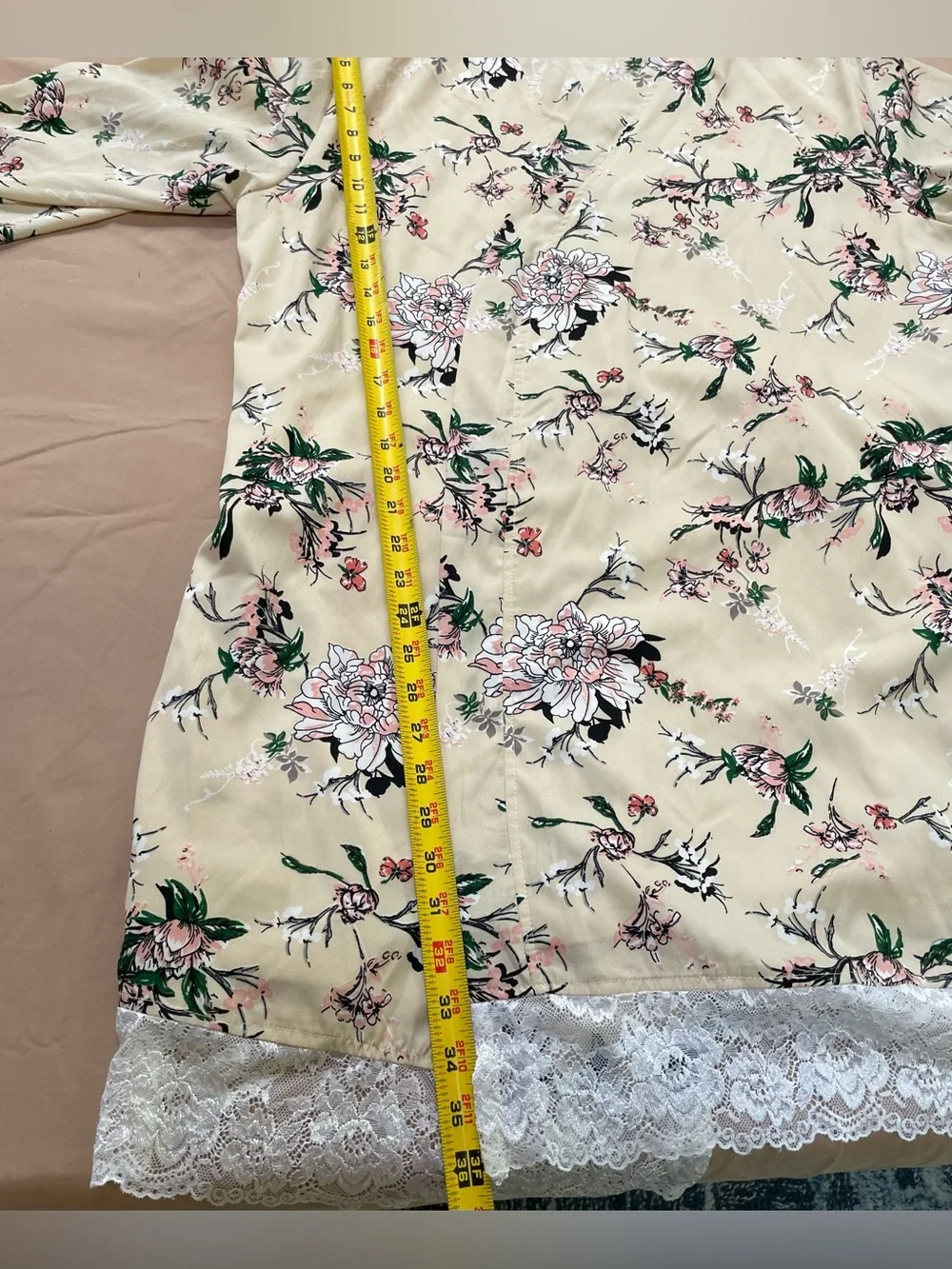 Beautiful Silken Floral Rose & Cream wrap robe with green accents, & lace trim